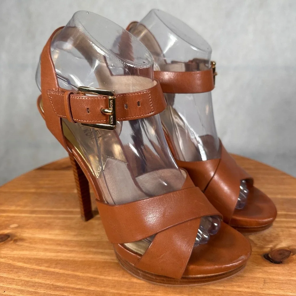 Michael Kors Platform Sandals Womens 8M Brown Good Leather Ankle Strap ST15A